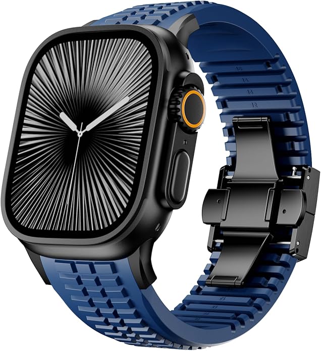 Silicone Watch Band Compatible with iWatch Ultra 2 / Ultra/Series 10 9 8 7 (44mm 45mm 46mm 49mm), Sport bands with Folding buckle, Rugged Heavy Duty Modern Design for Men