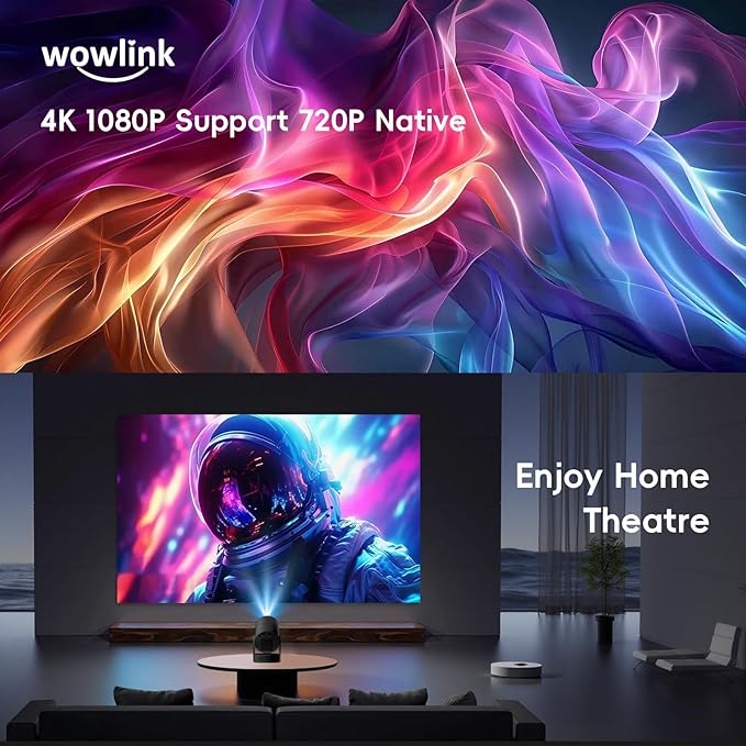 [Built-in Apps & 2026 Upgraded] Mini Projector with WiFi 6 and Bluetooth 5.4 Support 4K 1080P Auto Keystone 180° Rotatable Projector Portable Compatibile with HDMI/TV Stick/Memory Stick/Laptop, Dark