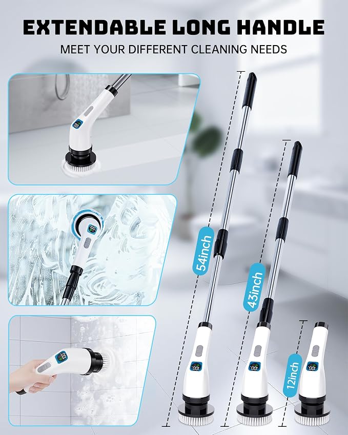 Electric Spin Scrubber for Cleaning Bathroom - Shower Cleaner Brush with Long Handle - Cordless Power Scrubber with 7 Brushes Heads, IPX7 Waterproof Scrub Brush for Bath Tub Tile Grout Glass Tool