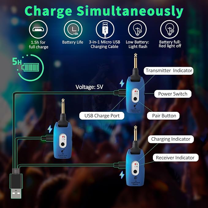 A9 Wireless Guitar System 2.4GHz Built-in Rechargeable Lithium Battery 270°Rotate Audio Wireless Transmitter Receiver for Guitar Bass Violin Keyboard Electric Instruments (1C-NRJ0-646R)