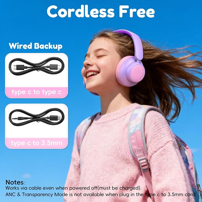 Candy Bila Active Kids Noise Cancelling Headphones, 60H Play Time Kids Bluetooth Headphones, Safe Volume, Bluetooth 6.0, USB C Charging, Headphones for iPad Tablet Airplane,Gradient Pink