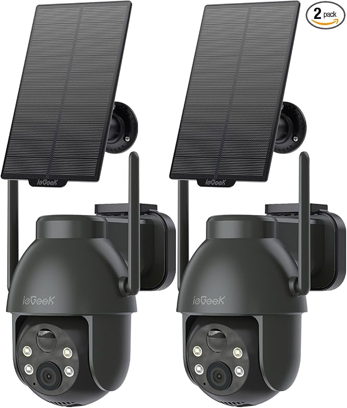 ieGeek Solar Camera Outdoor Wireless, 2K WiFi Cameras for Home Security System, Battery Powered Surveillance Cam with 360°PTZ Color Night Vision, PIR Motion Sensor, Compatible with Alexa (Grey,2 Pack)