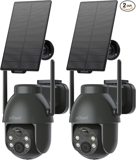 ieGeek Solar Camera Outdoor Wireless, 2K WiFi Cameras for Home Security System, Battery Powered Surveillance Cam with 360°PTZ Color Night Vision, PIR Motion Sensor, Compatible with Alexa (Grey,2 Pack)