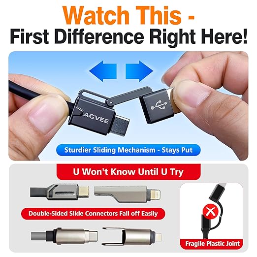 AGVEE 3ft 4-in-1 Coiled Multi USB C Charging Cable, Secure-Slide No-Loss Adapters, Slim Tips Fit Thick Cases, Lightning End Reinforced, PD 60W for iPhone Carplay, Samsung, iPad, Red