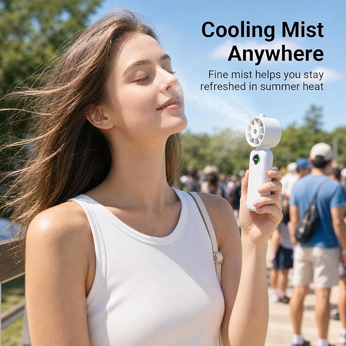 Clip-On Portable Fan with Misting, 4000mAh Up to 12H Battery Life Hand Mini Foldable Fan, 360° Rotating USB Rechargeable Turbo Quiet Stroller Fans for Travel Outdoors and Office Use (White)