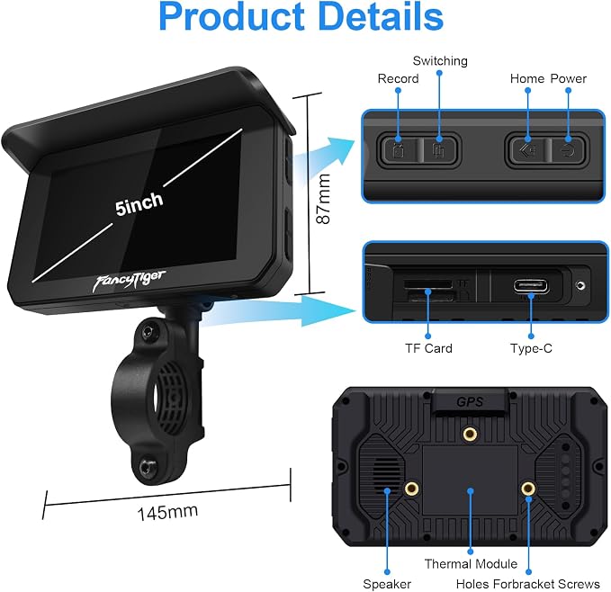 2026 FancyTiger Portable 5" Wireless Motorcycle Carplay (Inculed 128G SD Card) with Android Auto Screen, HD Waterproof Touch Screen, TPMS, GPS Navigation System, G-Sensor, Duble Dash Cam/Camera