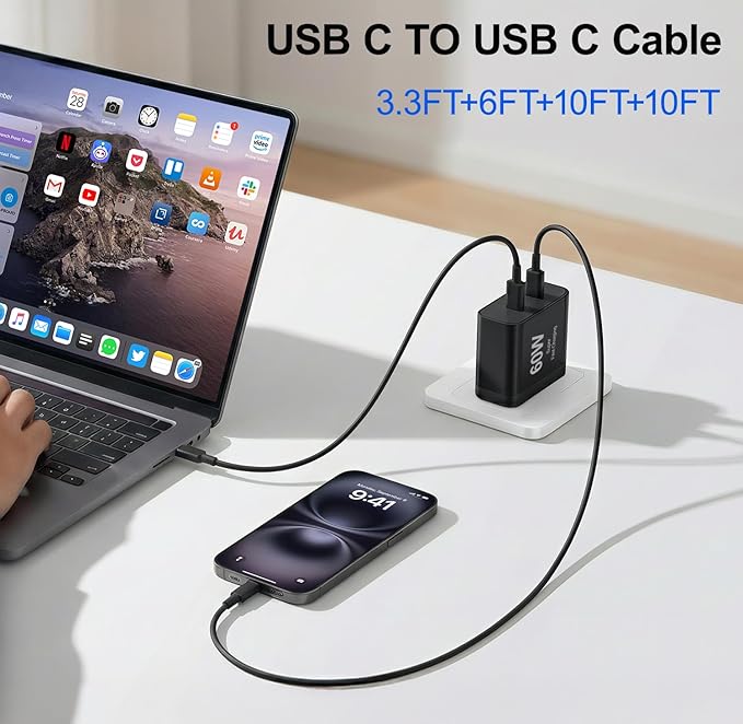 iPhone 17 Charger,45W Fast Charging Dual Port USB C Charger Block with 3/6/10/10FT Type C Charging Cable-PD Quick Adapter 3.0 for iPhone 17e/17/17 Pro/17 Pro Max/Air/16/15 Pro Max/Plus,iPad (Black)