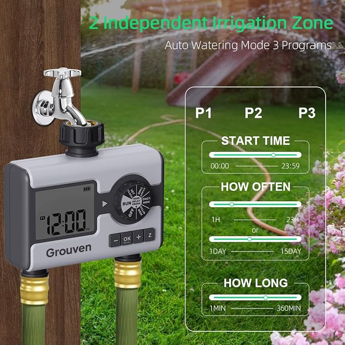 Water Timer for Garden Sprinkler Hose Timer with Rain Delay, Manual, Automatic Watering System Programmable，2 Outlet