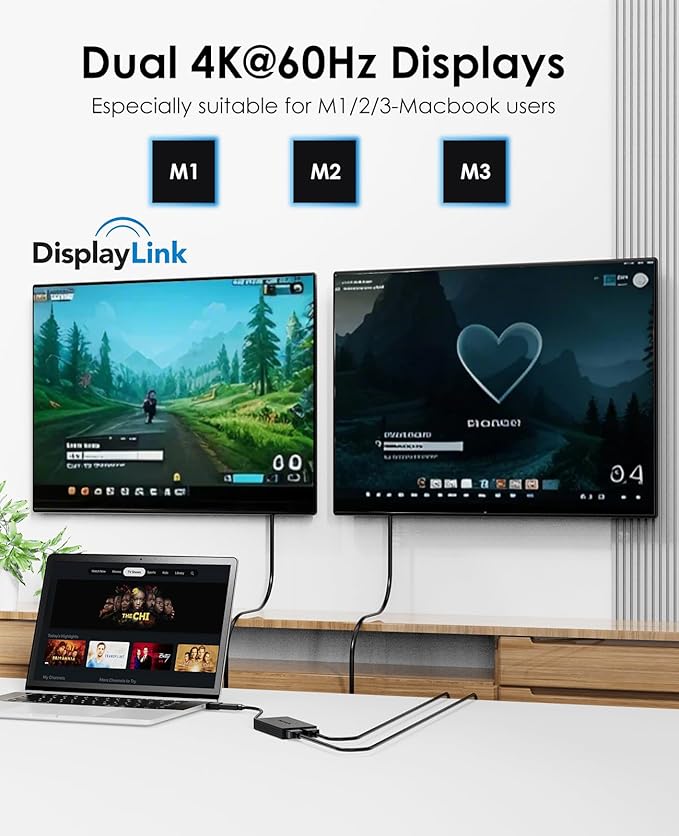 WAVLINK USB 3.0 & USB C to Dual HDMI Adapter 4K@60Hz for Dual Monitor, DisplayLink USB C HDMI Adapter for Apple Mac M1-M5/Macbook Neo, Windows 10/11, ChromeOS (No Linux/iPad/iOS/HDCP), Driver Required