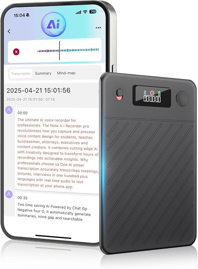 AI Voice Recorder,64GB Note Voice Recorder with Real-Time Transcribe & Summarize & Translation Powered by ChatGPT, Digital Recorder Translator Device with App Control for Lectures, Meetings, Calls
