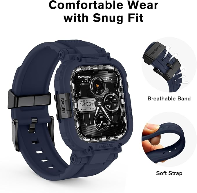 amBand for Series 11/10 Fits Apple Watch Bands Case 46mm Men, M1 Sport Durable Bumper compatible with iWatch 46 mm, Waterproof Gym Workout Accessories for Running Swimming Boating - Navy Blue