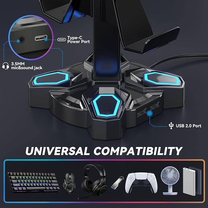 KDD Headset Controller Stand with USB A&C Charger Ports & RGB Rotatable Headphone Stand with 2 USB Charging Ports and 3.5mm