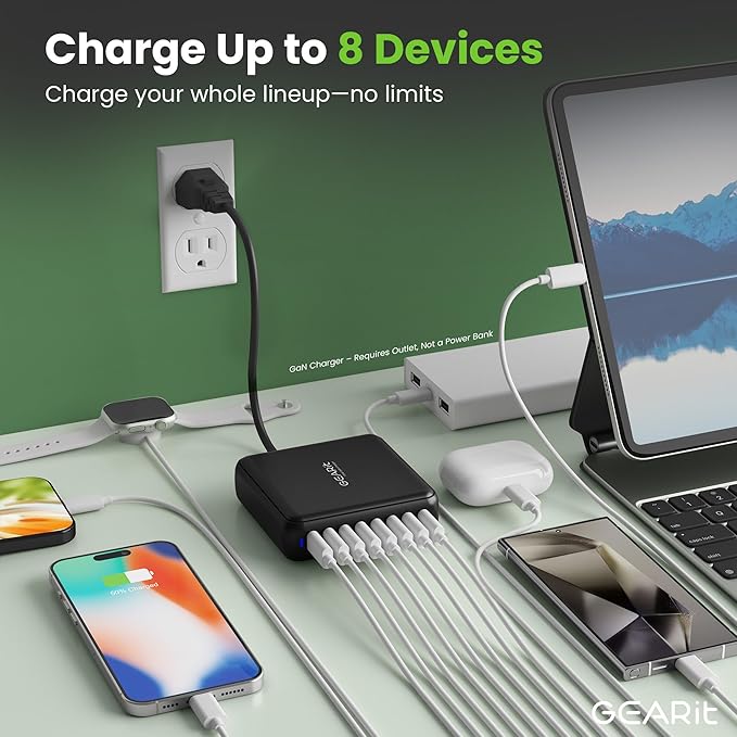 GEARit 8-Port 170W GaN Charger - USB Fast Charging Station and Power Hub for Multiple Devices - Multiport Charging Station with 7 USB C and 1 USB A - Powers Up to 8 Devices