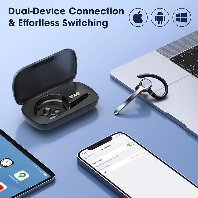 Ngsod Bluetooth Headset, Wireless Earpiece with Upgrade Noise Canceling Mic,500mAh Charging Case Support 72H Talking Time,Hand-Free Headphones with Mute Button for Computer Cell Phones Trucker Work