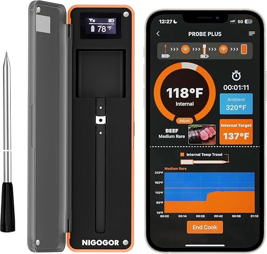 Smart Wireless Meat Thermometer with Thinnest Probe, Magnetic Bluetooth Food Thermometer, Remote Tracking and Real-Time Readings from Apps, for iOS and Android, for BBQ, Grill, Smoker