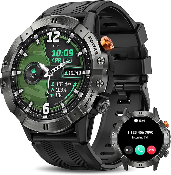 Smart Watches for Men(Waterproof/Call/Answer),Military Smart Watch with Heart Rate/Oxygen/Pressure/Sleep Monitor/124 Sports Modes, Fitness Tracker Tactical Watch for Android Phones/iPhone Black