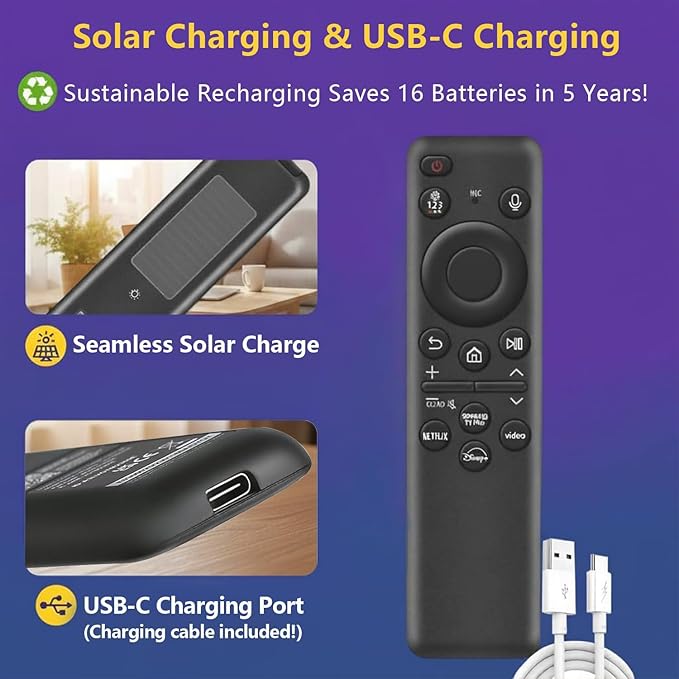 Rechargeable Voice Remote for Samsung Smart TVs, Replacement for 2019–2026 Samsung TV Remote Control with Solar Charging and Voice Search. 2-Year Warranty.