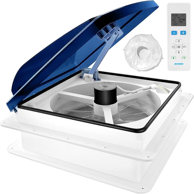 Kohree 14" RV Vent Fan 10 Speed Reversible with Remote Control: 12V Super Quiet RV Roof Vent Fan for Camper Trailer Bathroom, RV Exhaust Fan, Temperature & Rain Sensor, Removable Screen (Blue)