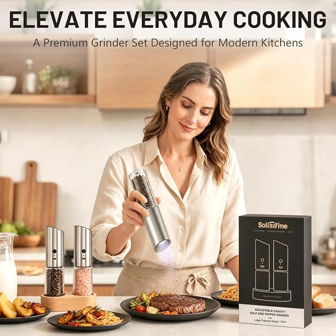 Gravity Electric Salt and Pepper Grinder Set With Wooden Base, USB Rechargeable Stainless Steel Mills with Large Capacity, LED Light, Adjustable Coarseness, Ideal for Kitchen and Dining(2 Pack)