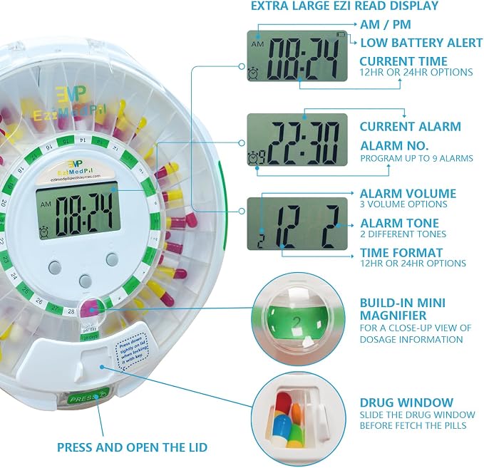 EziMedPil Bluetooth Automatic Pill Dispenser with App, Alarm, Light Alerts | Caregiver Tracks Adherence History on App, 28-Day Organizer with Clear Locked Lid & Clear LCD Monitoring Friendly for Seniors
