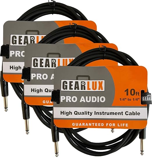 Gearlux Instrument Cable/Guitar Cable, 1/4 Inch, Straight to Straight, Black, 10 Feet - 3 Pack