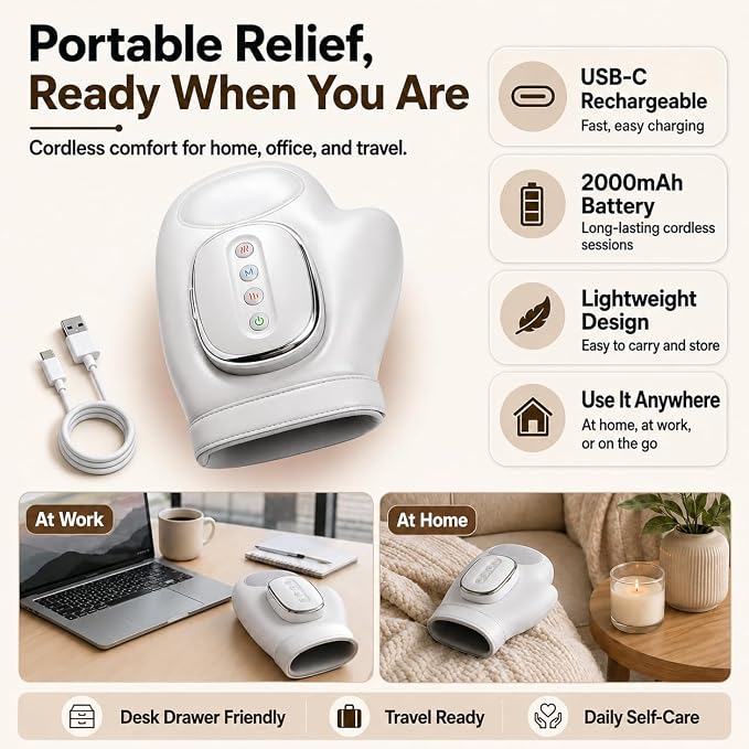 Hand Massager with Heat and Compression, Cordless Electric Hand Massager for Arthritis and Carpal Tunnel Relief, Rechargeable Hand and Wrist Massager for Home Office Travel