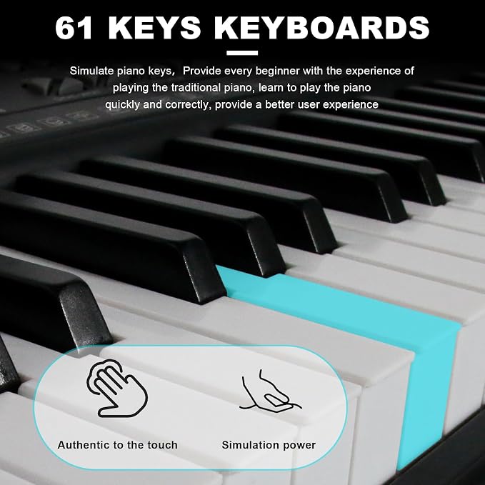AQNIEGEP 61-Key Electric Keyboard Piano with Lighted Keys, Christmas Gifts, Premium Bundle: Stand, Bench, Mic,Headphones, Music Stand, Stickers, 70 Demos 200 Tones/Rhythms, Beginners/Adults
