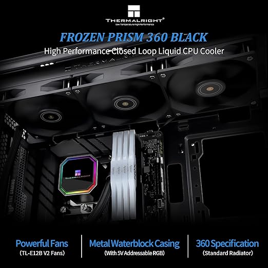 Thermalright Frozen Prism 360 Black AIO Water Cooler,Liquid CPU Cooler, 3×120mm PWM Fans Water Cooling System,1850RPM High Speed,Compatible with AMD/AM4/AM5&Intel