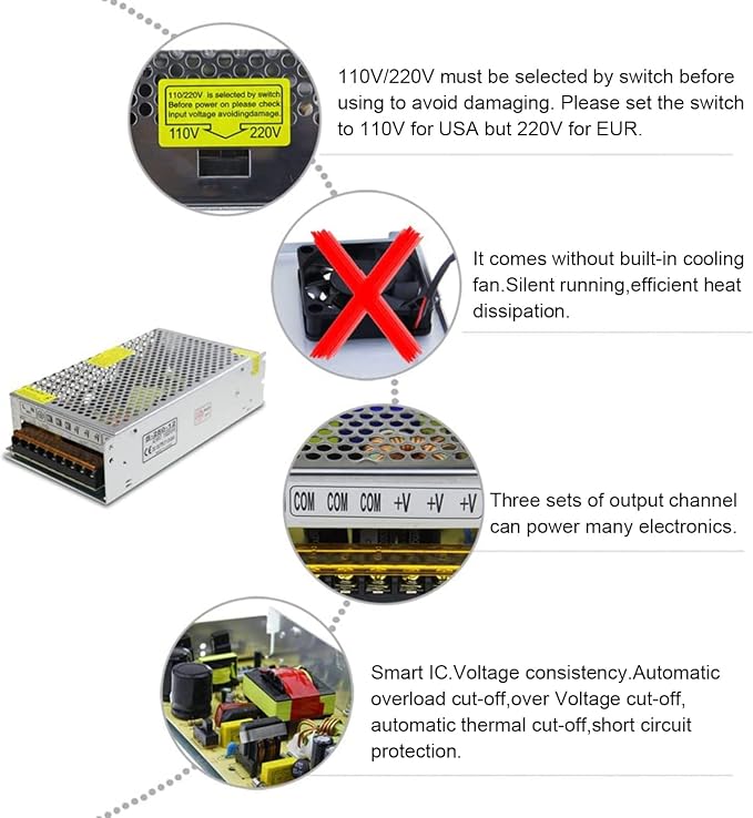 ALITOVE DC 12V 20A 240W Power Supply Transformer Switch AC 110V / 220V to DC 12V 20amp Switching Adapter Converter LED Driver for LED Strip Light CCTV Camera Security System