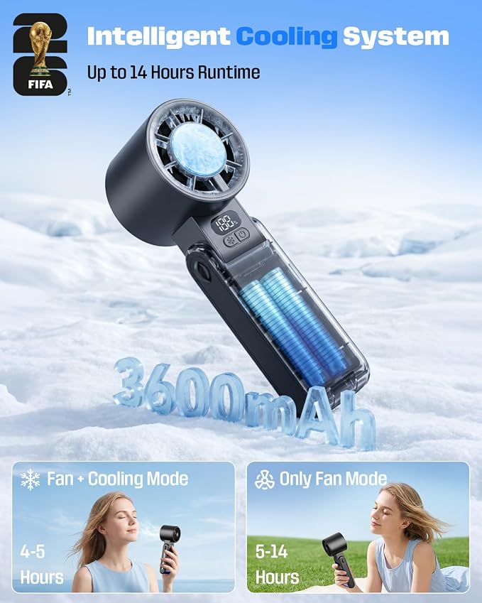 FIFA World Cup 2026 Portable Handheld Fan with Cooler, 1-199 Strong Wind Turbo Fan Rechargeable, 150° Adjustable, 13500RPM 3600mAh, Gift for Football Fanatic, Outdoor (Color) |Official Licensed