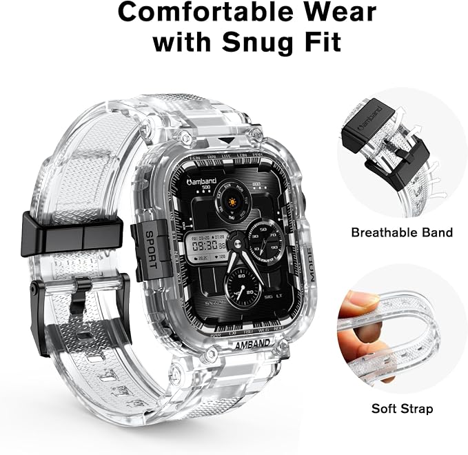 amBand Bands Case Compatible with Apple Watch Series 11/10 42mm for Men Women, M1 Sport Rugged Heavy Duty Cover Tactical Strap Military Grade Protective Bumper Protector for iWatch 42 mm Men, Clear