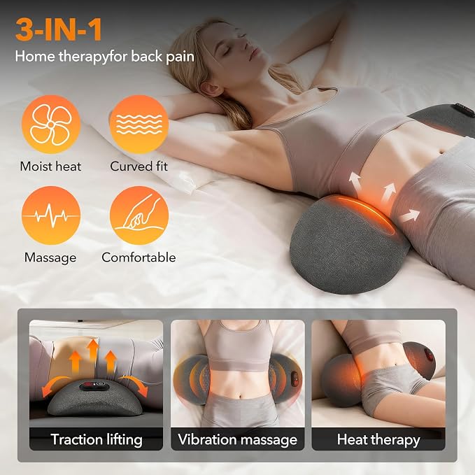 Smooth Spine Triple Fusion Back Massager with Heat - Sciatica Pain Relief & Spine Decompression Device, Deep Tissue Massager for Lower Back Pain, Office Chair and Home Use