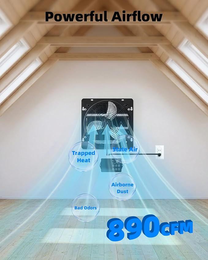10'' Upgraded Shutter Exhaust Fan with Thermostat & Remote, 890 CFM Wall Mounted Attic Exhaust Fan, Auto On/Off by Temperature for Garage, Greenhouses, Sheds, Chicken Coops & Basement