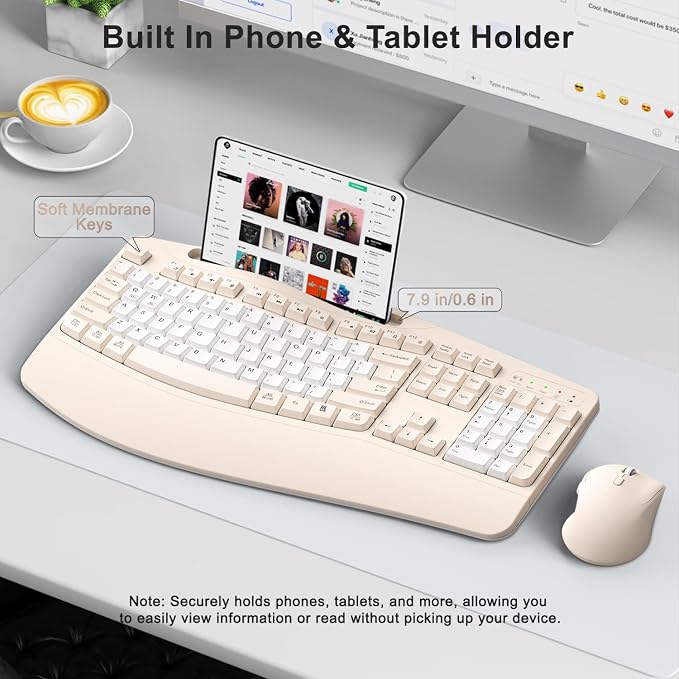 Wireless Keyboard and Mouse Combo, 2.4G Full Size Wave Keys Ergonomic Keyboard with Wrist Rest, Phone Holder, 3-Level DPI Wireless Silent Mouse with 6-Buttons, for Windows (Milk Tea-B)