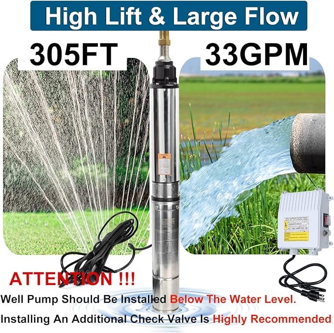 Deep Well Submersible Pump with Control Box, 1HP 110V Deep Well Pump Submersible Water Pump for Industrial Irrigation and Home, 100FT Power Cord, 33GPM,305FT Lift,Long Life,4" OD