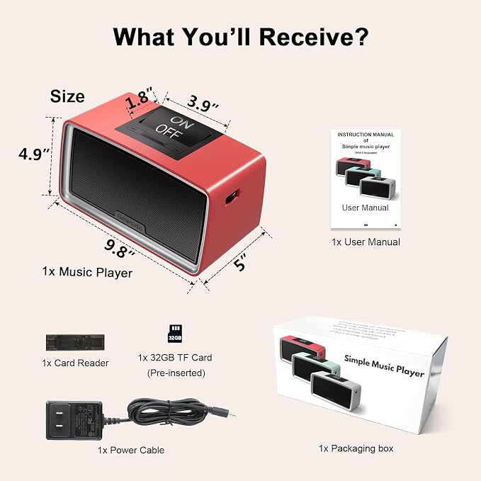 Large Button Simple Music Player for Seniors, Easy MP3 Player for Elderly, Dementia, Blind,Alzheimer's & Visually Impaired, Music Box with 32GB TF Card, One-Touch Play (Red)