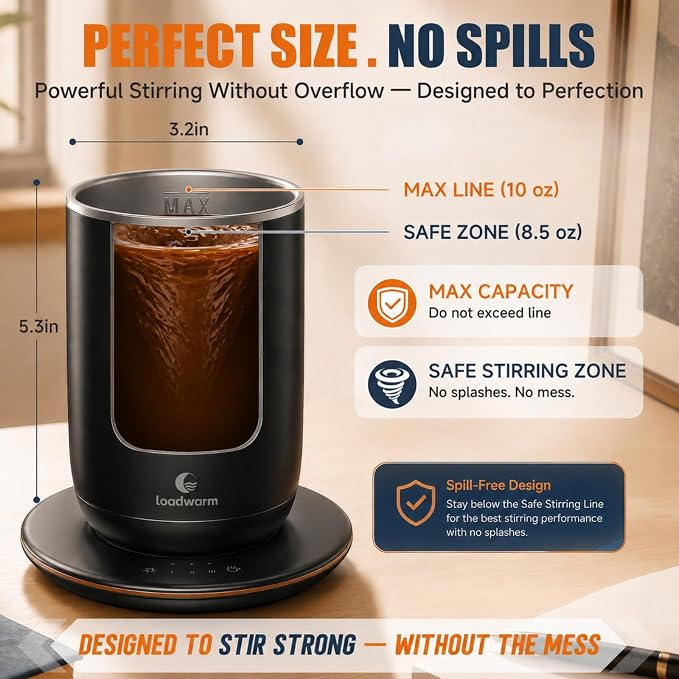 Self Heated Stirring Coffee Mug, 10oz Auto Mixing Cup with Warmer, Black | 3 temp settings, food-grade stainless steel interior, 8-hour auto shut-off, plug-in desk mug with Warmer for office home
