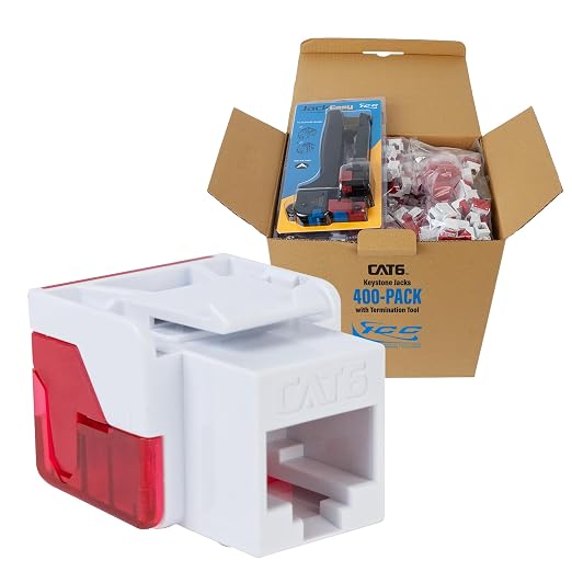 ICC CAT6 Keystone Jack with Inline IDC No Pair Split Wiring (Easier Termination) UL Listed PoE++ TAA Compliant for Wall Plate or Patch Panel, Includes JackEasy Termination Tool,White, 400 Pack