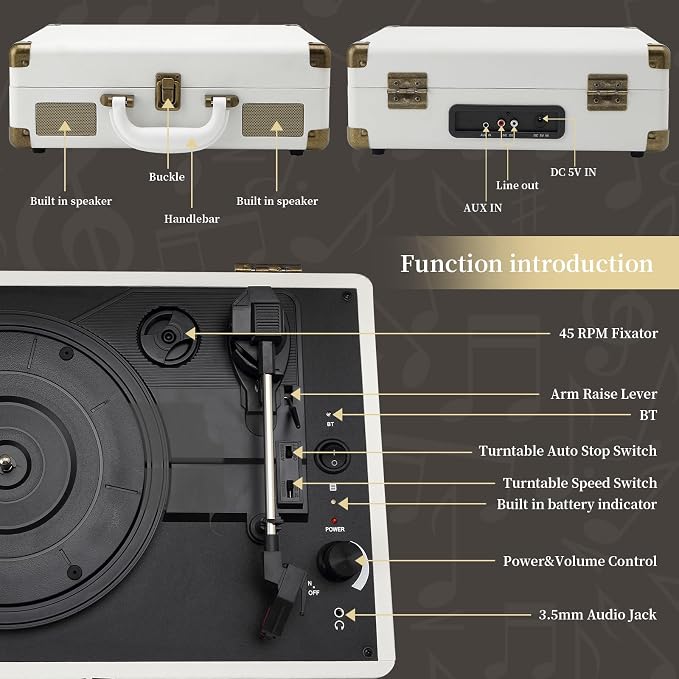 Record Player 3 Speeds Turntable with Bluetooth Built-in Battery Stereo Speakers Vintage Record Player Belt Driven Portable Suitcase PC Recording White