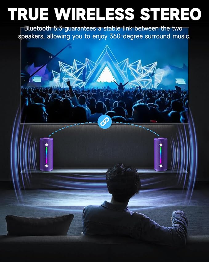 OHAYO Bluetooth Speaker, Portable Wireless, IPX7 Waterproof, Powerful 25W Sound, 24H Playtime, Dual Pairing, Active Bass, Colorful Lights, Bluetooth 5.3, Outdoor Speakers for Home/Party/Beach, Purple