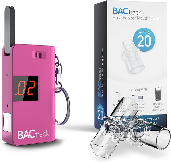 BACtrack Keychain Breathalyzer (Pink) and 20 Breathalyzer Mouthpieces Bundle