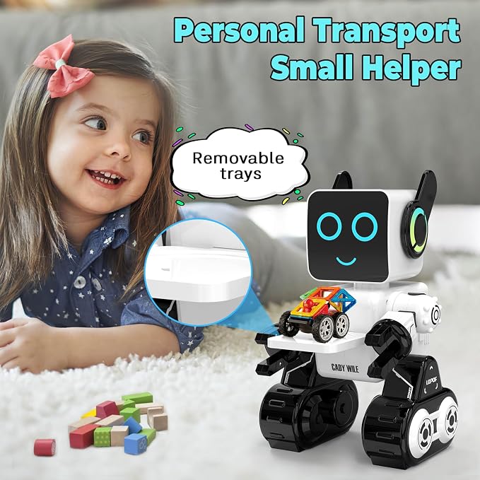 okk Robot Toys for Kids, Programmable Remote Control Robot, Interactive Toys with Coin Bank, LED and Tray, Walking Talking Singing Dancing Gift for Boys Girl（White）