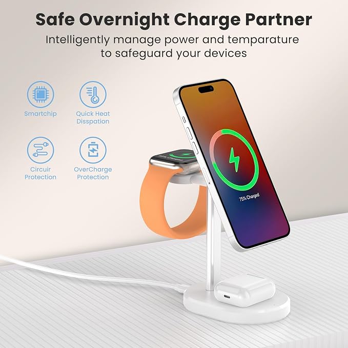 3 in 1 Wireless Charging Station,Detachable Apple Watch Charger & 15W Charger Stand for MagSafe for iPhone, Wireless Charger for Multiple Devices iPhone 16/15/14/13&Watch&AirPods（Purple）