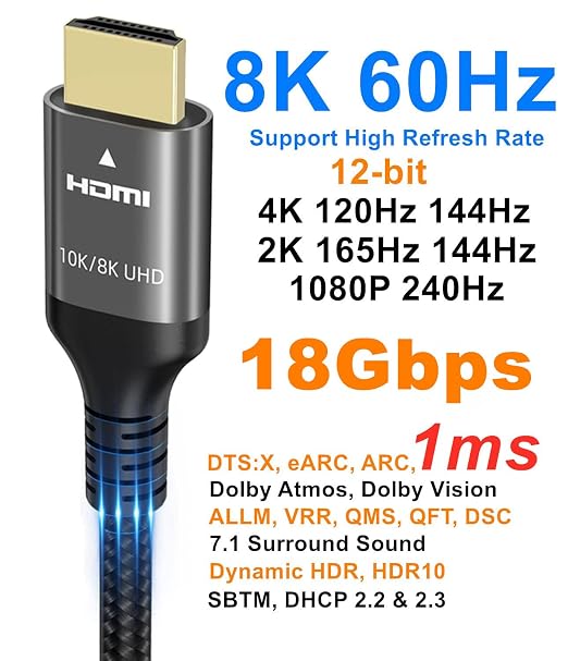Ubluker 8K HDMI Cable 33 FT Long, Nylon Braided High Speed HDMI® Cable 4K 120Hz 2K 165Hz 8K 60Hz 12bit eARC ARC Dolby Atmos HDR10+ HDCP2.3 Compatible for Gaming PC TV Soundbar Monitor Mac PS5 Xbox