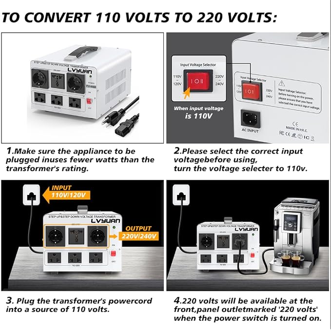 LVYUAN 5000W Watt Voltage Transformer Converter Step Up/Down Converter 110/120 Volt - 220/240 Volt with 3 US&2 EU&1 Universal Outlet and CE Certified,Circuit Break Protection