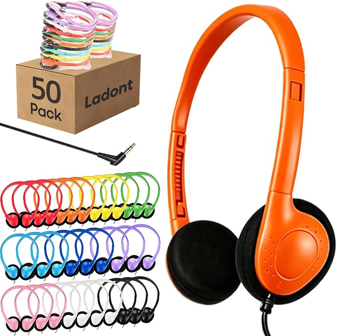 50 Pack Bulk Classroom Headphones for Kids Students School, Multi Color Wired Headphones for Children Teens Boy Girl, 3.5mm Jack for Chromebook Laptop PC