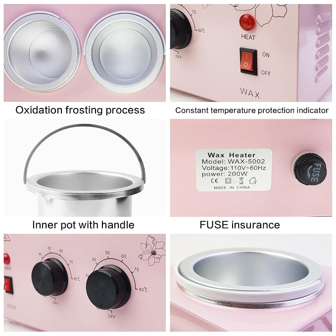 Portable Wax Warmer with Adjustable Temperature and 40 Wax Sticks - Painless Hair Removal for Women and Men (Pink-Double Pots)