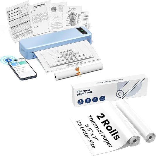 TATTMUSE A285M Wireless Portable Thermal Printer Blue & 3 Rolls 8.5" x 11" US Letter Thermal Paper