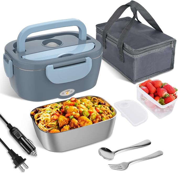Akhia Electric Lunch Box for Adults, 80W/1.5L Heated Lunch Box for Men Work Car Truck, Portable Food Warmer Lunch Box Upgraded with Fork&Spoon and Insulated Carry Bag, 12V/24V/110V