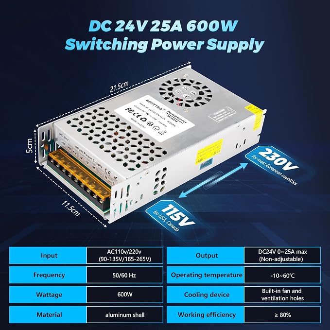 24V 25A 600W DC Switching Power Supply, AC 110v to 24v Converter (SMPS), 24 Volt Power Supply for LED Strip Light, CCTV Camera Security System,3D Printer